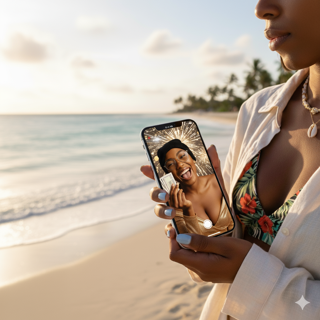 Joyful content creator showcasing the platform benefits